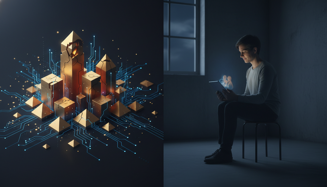 A split screen showing digital abundance and solitary human connection