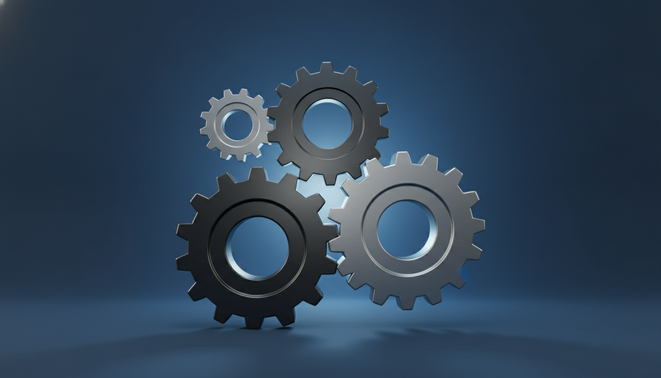 Professional 3D render of metallic gears representing stability