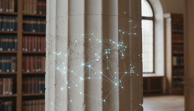 Classical university pillar with glowing digital nodes and neural networks