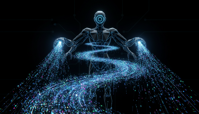 A clean and symbolic digital art piece showing an autonomous AI agent scanning glowing streams of data packets.