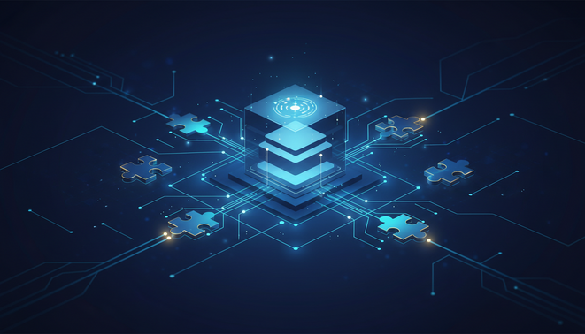 A professional digital illustration showing stylized nodes and puzzle pieces connecting to a central business database cube, representing AI integration in a corporate ecosystem.