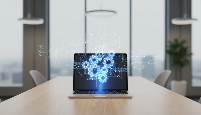 A clean minimalist workspace with a laptop and a glowing holographic gear structure symbolizing AI integration