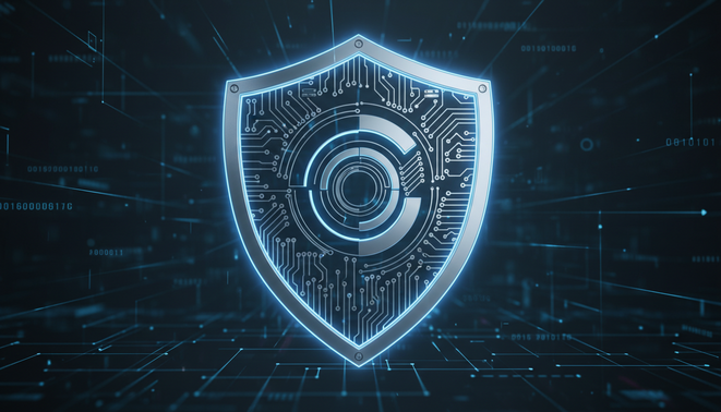 A stylized glowing circuit board forming the shape of a shield in deep blue and silver tones representing national digital sovereignty.