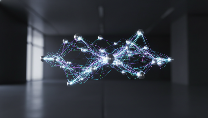 Abstract digital network showing glowing paths connecting nodes within a clean dark space representing organizational connectivity
