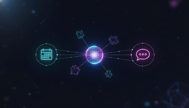 Minimalist digital hub with glowing lines connecting icons for calendars and chats