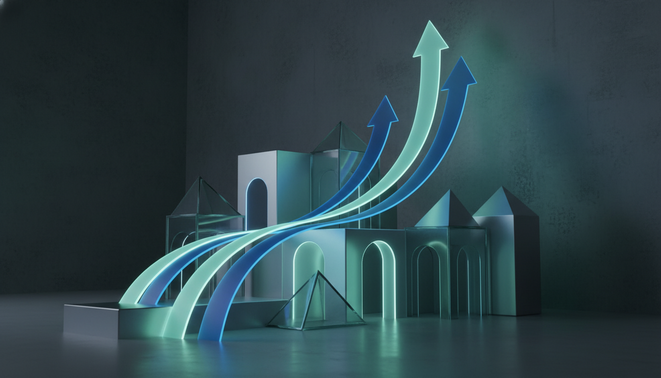 Abstract geometric shapes and gradient curves representing AI evolution and model optimization