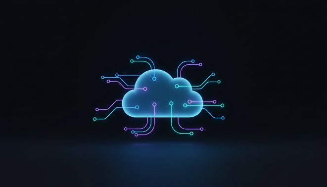 A sleek, minimalist glowing cloud icon with digital network lines on a dark background representing automated cloud connectivity.