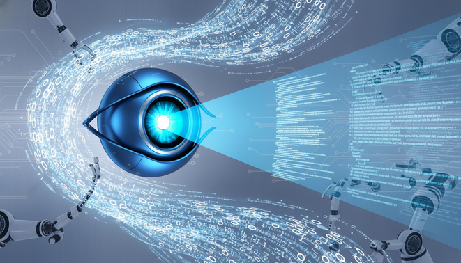 A professional digital illustration of a robotic eye scanning binary code for automated quality assurance.