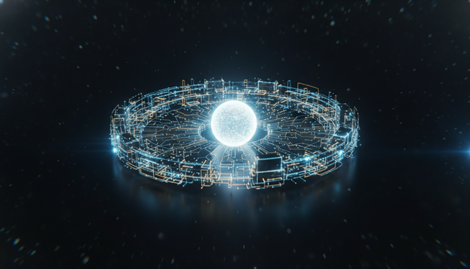 A glowing futuristic neural network or circuit board structure forming a protective barrier around a central data core representing high tech stability.