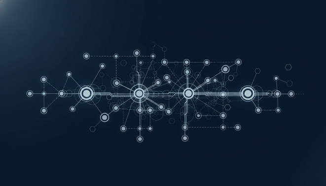A minimalist digital blueprint showing a network of interconnected nodes in deep blue and white, representing custom business infrastructure.