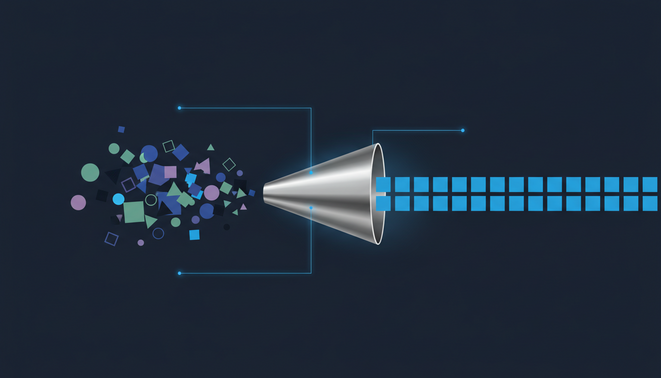 Minimalist representation of data normalization where abstract shapes enter a funnel and exit as a uniform data stream