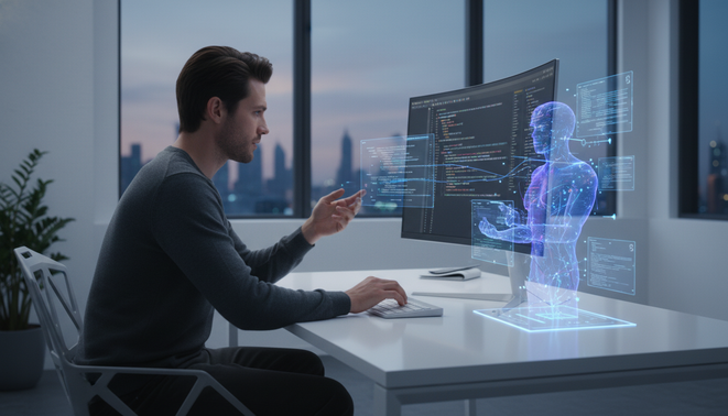 Professional software developer and digital AI agent collaborating at a workstation