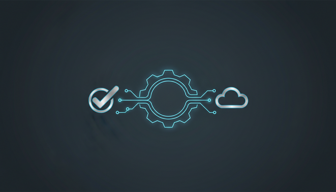 A glowing digital pathway linking a checkmark to a cloud