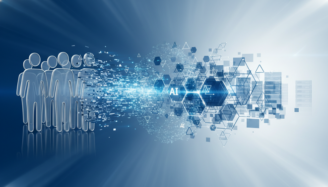 A clean modern visual showing stylized human icons on one side transitioning and merging into geometric AI nodes and digital data streams on the other side. Use a professional blue and silver color palette. Minimalist and sleek style.