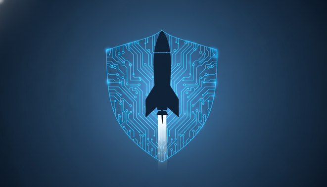 A stylized rocket silhouette flying through a digital circuit shield, representing the intersection of space technology and AI safety.
