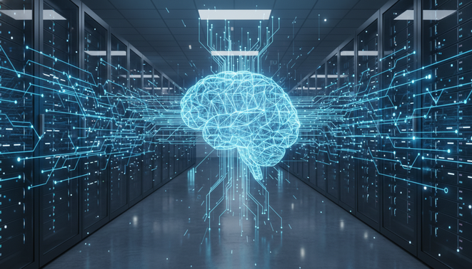 A glowing digital brain integrated into a modern corporate data center representing enterprise AI infrastructure.