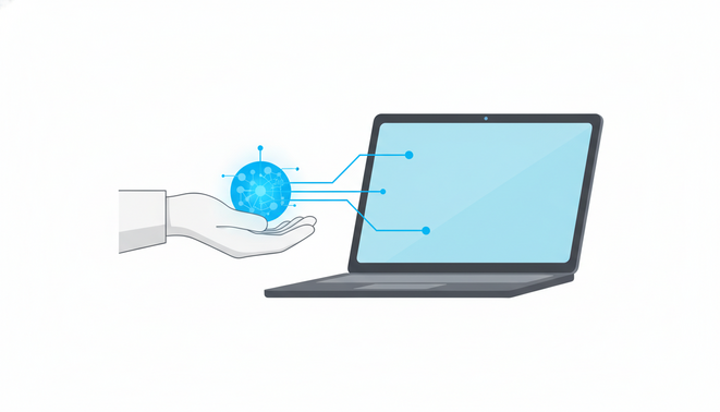 Minimalist modern digital art showing a glowing node connecting a human hand to a laptop screen.