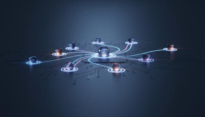 A professional and minimalist visual representation of a unified enterprise digital ecosystem showing glowing abstract interconnected nodes