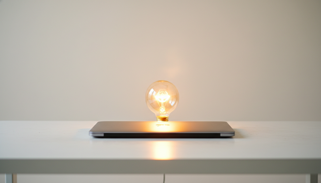 A minimalist desk with a laptop and a glowing lightbulb representing a sudden breakthrough discovery.