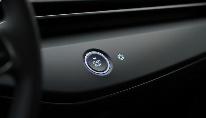 Minimalist modern car dashboard with a glowing digital ignition button and a safety sensor icon