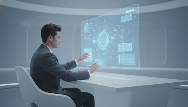 A minimalist futuristic office where a human professional interacts with a translucent glowing AI interface.