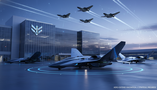 A sleek and professional depiction of futuristic aerospace technology and defense innovation featuring advanced aircraft silhouettes in a cool color palette.