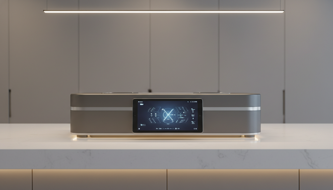 A minimalist and futuristic kitchen workspace where a digital tablet is docked next to a sleek modern cooking appliance. The harmony between software and hardware is evident in the clean design.