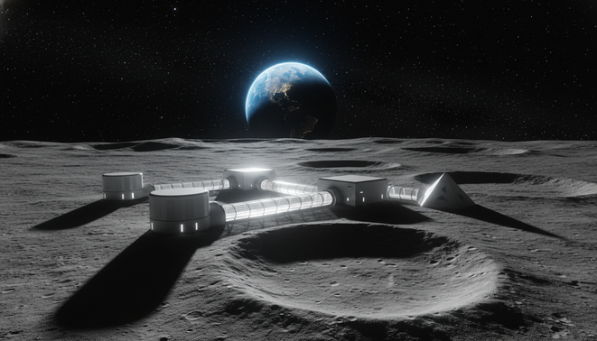 A futuristic minimalist lunar base at the Moon South Pole with sleek white geometric modules and a dark cratered landscape under a black sky with a distant glowing Earth