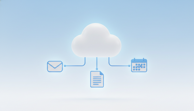 A clean 3D icon of a cloud linked to email and calendar symbols representing an always on AI assistant