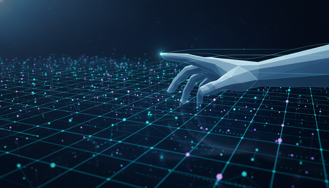 A stylized human hand reaching toward a digital grid of glowing nodes or data points symbolizing human in the loop data annotation.