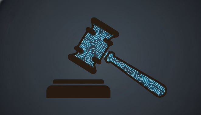Minimalist professional illustration showing a glowing blue digital circuit board integrated into a wooden gavel silhouette