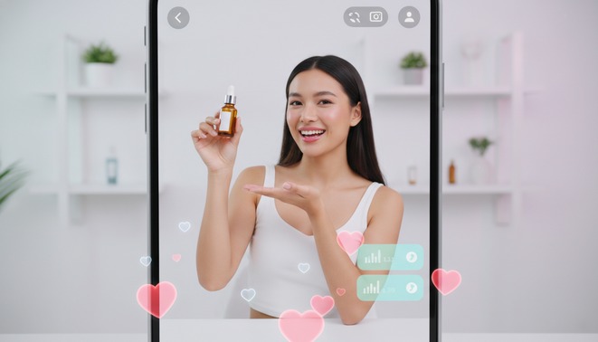 A sleek modern smartphone displaying a vibrant live commerce broadcast with floating hearts and bid notifications.