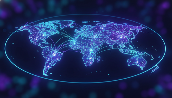 A glowing digital map of a single region with interconnected data nodes representing a self contained artificial intelligence system
