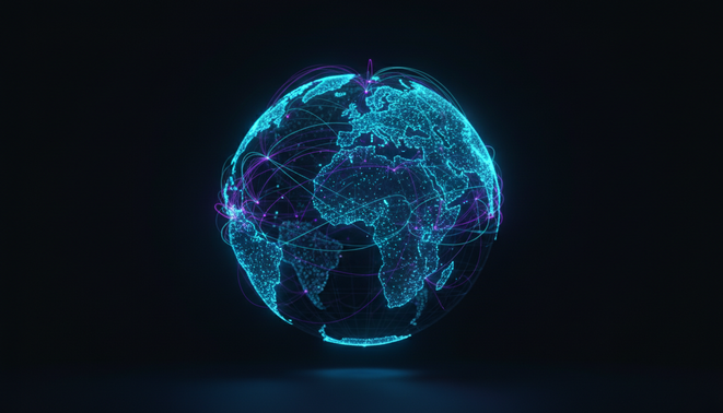 Minimalist digital globe with glowing interconnected nodes representing global data flow and sovereign networks.