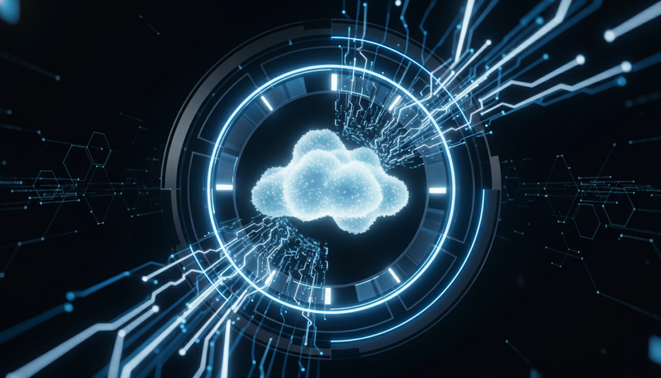 A minimalist three dimensional rendering of a glowing cloud node within a futuristic digital portal symbolizing the seamless teleportation of data and AI tasks. The design features a clean professional aesthetic with soft blue and white neon highlights against a dark sleek background. No text no charts no people.