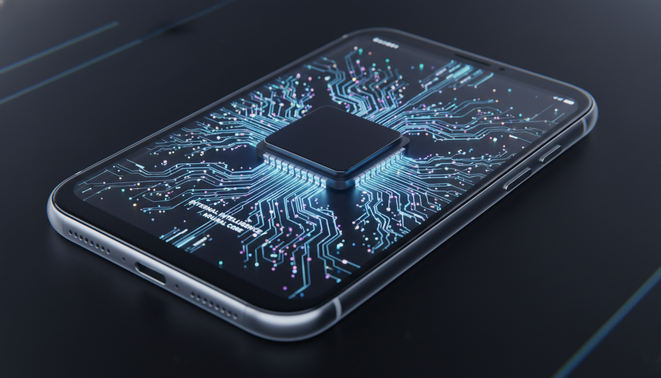 A futuristic smartphone showing a glowing neural network at its core