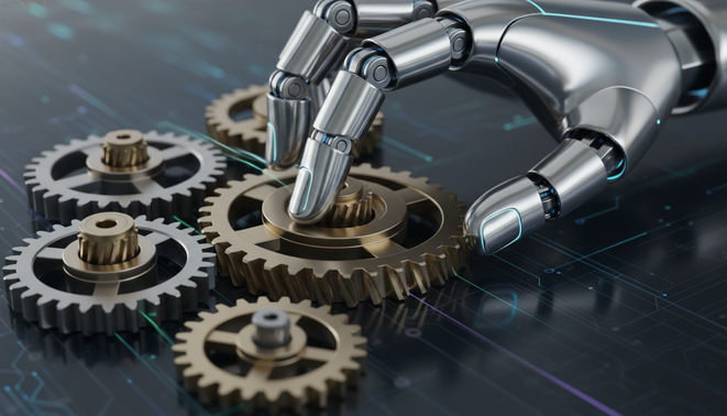 A futuristic robotic hand interacting with a gear representing physical world AI