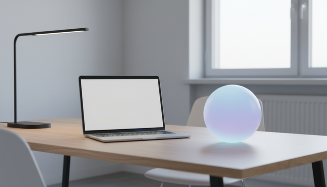 A clean modern office desk with a glowing holographic orb symbolizing a proactive AI agent