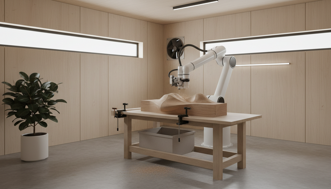 A minimalist wood workshop with a robotic arm