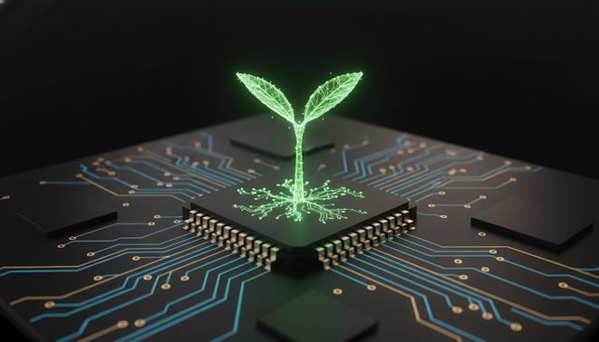 Glowing digital seedling representing AI powered startup growth and connectivity