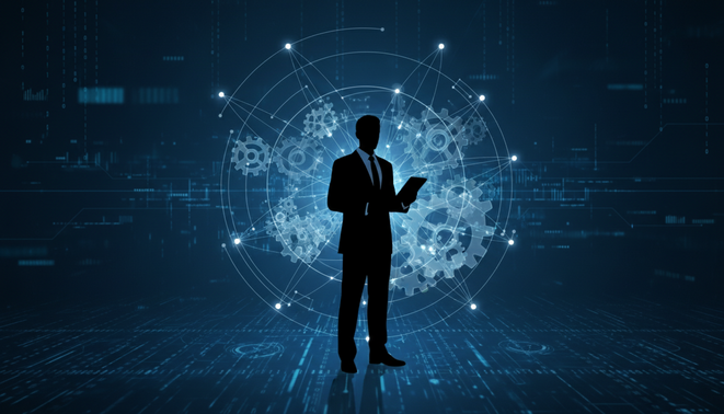 A single entrepreneur at the center of a synchronized digital network representing automation and autonomous agents.