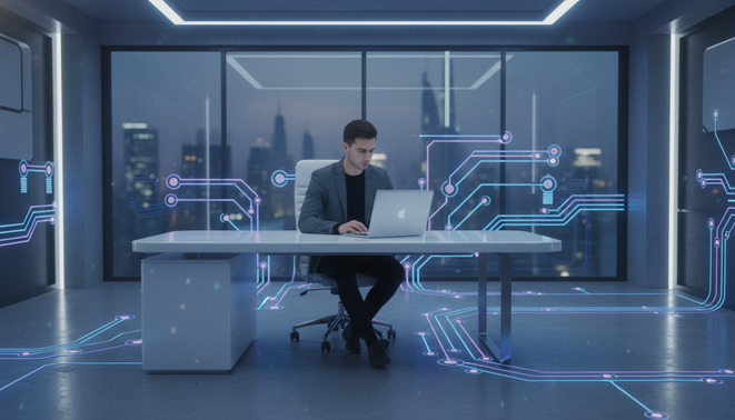 Modern solo founder at a sleek desk with digital nodes and light paths representing AI agents and automated workflows