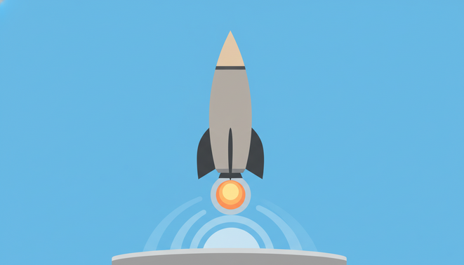 A minimalist stylized rocket taking off into a clear sky representing a startup launch