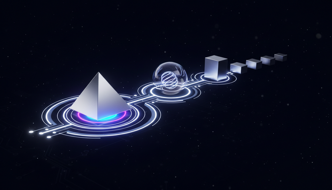 A minimalist and high-tech digital illustration representing streamlining scale. A glowing central node or a streamlined circuit path connects various abstract geometric shapes.