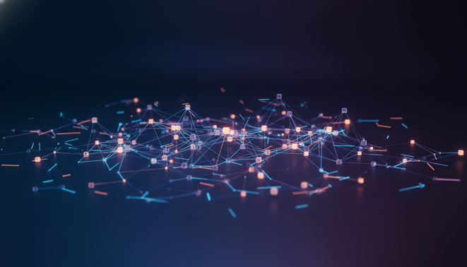 Professional minimalist abstract representation of networked economy and digital visibility using nodes and clean lines