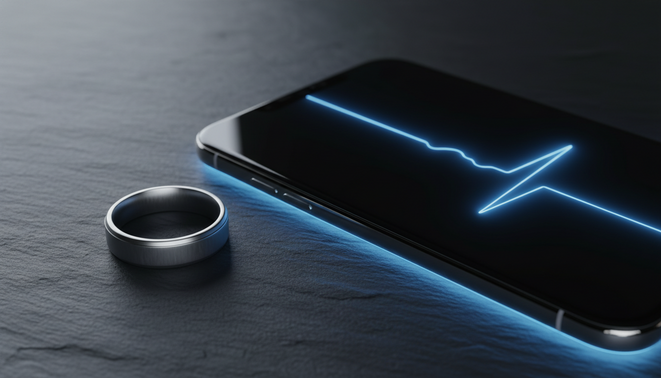 A sleek modern smart ring resting next to a glowing smartphone displaying a clean pulse wave
