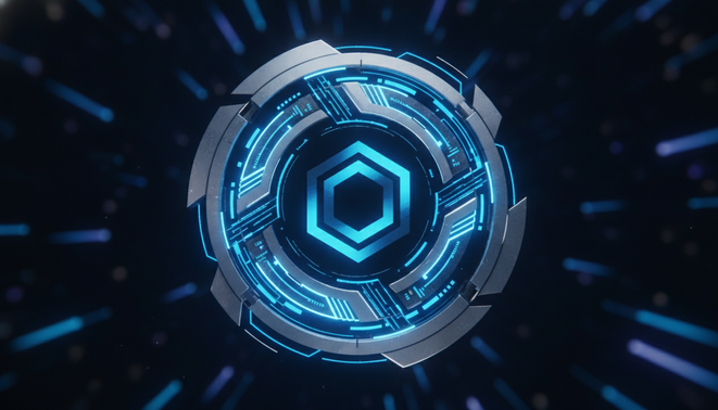 A futuristic digital verification badge for an autonomous AI agent featuring glowing blue geometric patterns on a dark minimalist background.