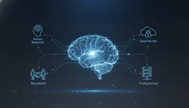 A modern digital brain connecting business app icons through a neural network
