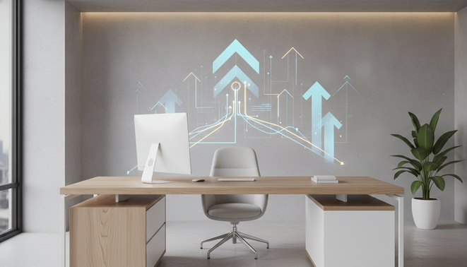 A modern minimalist office with a glowing digital interface representing business growth
