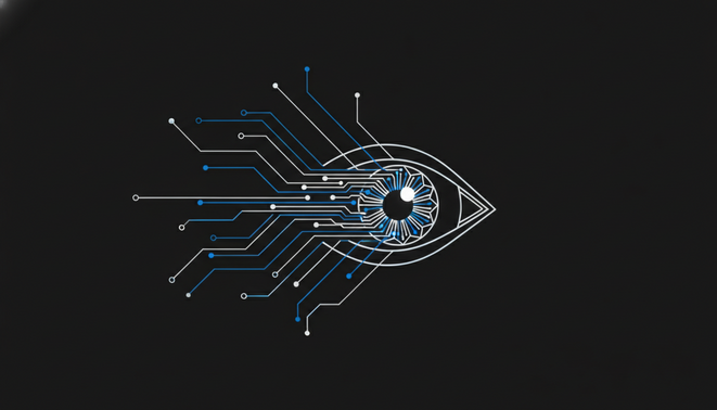 A minimalist modern graphic of a human eye merging with a clean neural network lattice on a dark background.